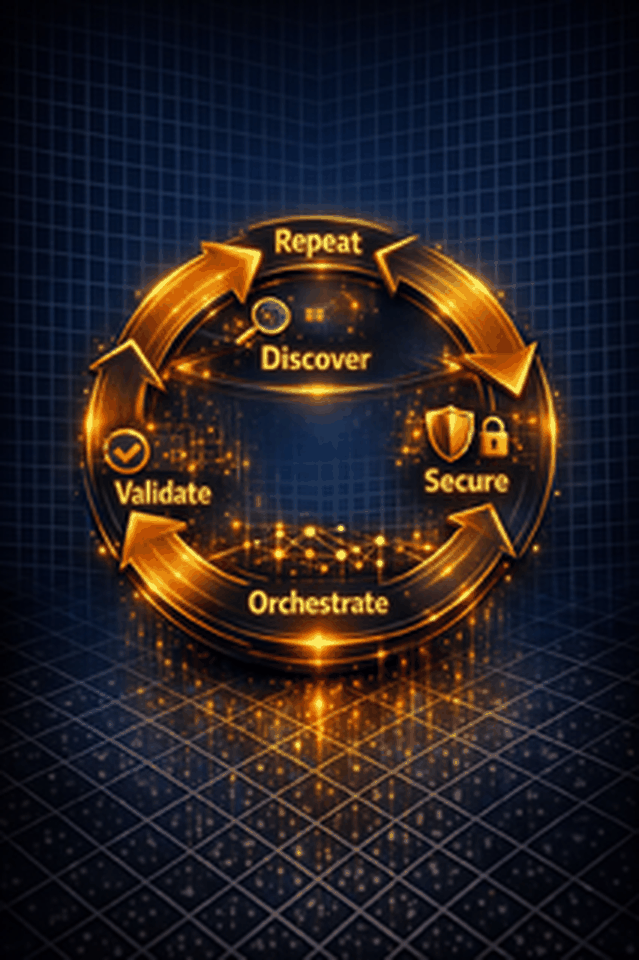 AegisQ continuous compliance loop — discover, secure, orchestrate, validate, repeat